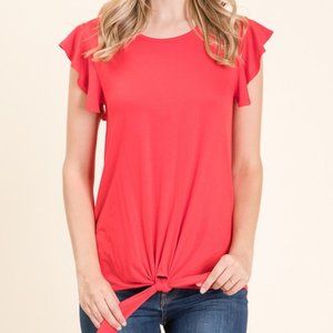 Red Short Ruffle Sleeve Front Knot Tunic